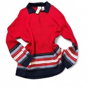 Vintage Red and Navy 1/4 Zip‎ Sweater with Stripes